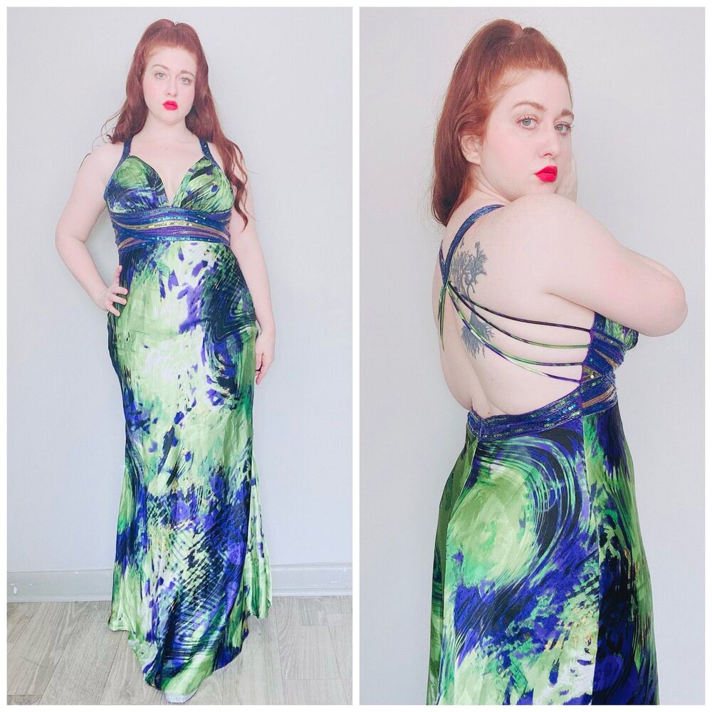 1990s / Y2k Green and Blue Evening Gown / 90s Vintaget Dress / Size Large - XL